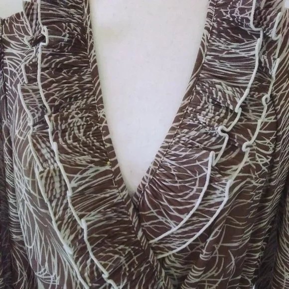 Studio 36 Dress Vintage 80's Brown & Cream Long Sleeve Size L Deep V-Neck - Picture 2 of 8
